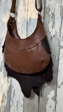 Load image into Gallery viewer, Rear view of genuine leather crossbody bag in antique brown with adjustable shoulder strap