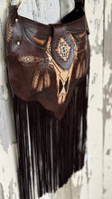 Load image into Gallery viewer, Genuine leather and suede boho bag with buffalo design and long fringe