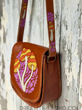 Load image into Gallery viewer, Groovy Mushroom boho leather crossbody bag showing side profile and painted strap
