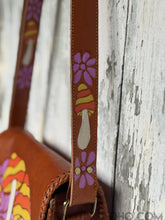 Load image into Gallery viewer, Close up of hand painted floral leather strap on Groovy Mushroom crossbody bag
