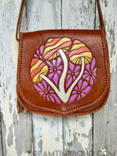 Load image into Gallery viewer, Groovy Mushroom hand tooled leather crossbody bag with colourful mushroom and floral design Hippie bag Dreamtime Boho 