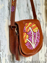 Load image into Gallery viewer, Front side view of Groovy Mushroom hand tooled leather boho crossbody bag
