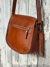 Load image into Gallery viewer, Back view of Groovy Mushroom leather crossbody bag with rear zip pocket