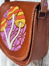 Load image into Gallery viewer, Close up of hand tooled and hand painted mushroom artwork on leather crossbody bag