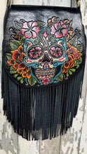 Load image into Gallery viewer, Hand painted boho leather fringe bag with colourful sugar skull, flowers and long flowing fringe