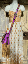 Load image into Gallery viewer, Hand painted leather crossbody strap on purple Love Story fringe bag with bohemian floral detailing
