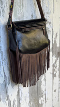 Load image into Gallery viewer, Hand painted leather shoulder bag with colourful bohemian artwork and double fringe