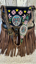 Load image into Gallery viewer, Hand painted peace sign boho leather handbag with floral artwork and turquoise inspired detail