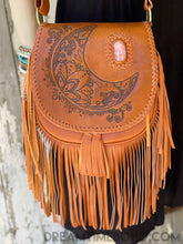 Load image into Gallery viewer, Hand tooled crystal moon leather boho bag with pink gemstone detail and long fringe in tan genuine leather by Dreamtime Boho Australia