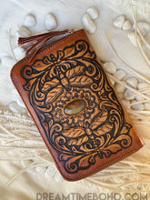Load image into Gallery viewer, Hand tooled antique brown leather wallet featuring dragonfly and floral detailing with a natural Agate gemstone centrepiece by Dreamtime Boho 