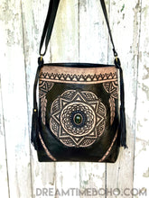 Load image into Gallery viewer, Hand tooled leather boho crossbody bag with mandala design and black stone feature.