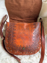 Load image into Gallery viewer, Interior view of antique studded hand tooled leather western boho crossbody bag