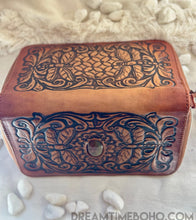 Load image into Gallery viewer, Genuine leather dragonfly wallet in antique brown with intricate hand tooled floral artwork and natural gemstone centrepiece