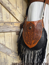 Load image into Gallery viewer, Hand-tooled leather fringe shoulder bag with angel wings, gemstone detail and flowing black fringe