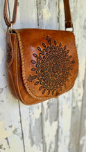 Load image into Gallery viewer, Hand-tooled mandala detail on Jarah genuine leather crossbody bag