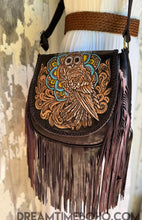 Load image into Gallery viewer, Hand tooled owl leather fringe crossbody boho bag with hand painted owl artwork by Dreamtime Boho