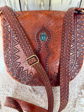 Load image into Gallery viewer, Western boho hand tooled leather crossbody bag with detailed strap and antique stud accents