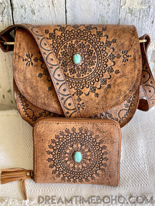 Hand Tooled Mandala Crossbody Leather Bag-Handbags-Dreamtime Boho -Bag + Wallet Set-Dreamtime Boho