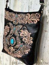 Load image into Gallery viewer, Handcrafted leather boho bag with intricate dragonfly tooling and turquoise gemstone details