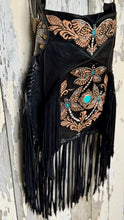 Load image into Gallery viewer,     Handcrafted genuine leather fringe bag featuring intricate dragonfly artwork and turquoise gemstone detailing.