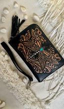Load image into Gallery viewer, Black handcrafted genuine leather dragonfly wallet with hand-tooled design and detachable wrist strap