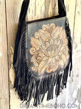 Load image into Gallery viewer, Hand Tooled Lotus Fringed Leather Handbag-Crossbody Bag-Dreamtime Boho -Dreamtime Boho