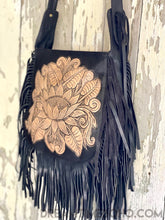 Load image into Gallery viewer, Hand Tooled Lotus Fringed Leather Handbag-Crossbody Bag-Dreamtime Boho -Dreamtime Boho