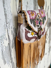 Load image into Gallery viewer, Hand painted hibiscus genuine leather boho fringe crossbody bag with floral tooling and antique buckle
