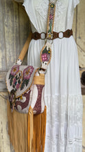 Load image into Gallery viewer, Hibiscus hand painted leather fringe crossbody bag worn with white boho dress