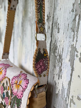 Load image into Gallery viewer, Hand tooled hibiscus leather strap detail with floral carving and antique brass hardware
