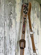 Load image into Gallery viewer, Hibiscus hand tooled leather fringe crossbody bag with matching strap detail and antique brass buckle