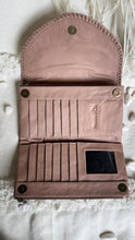 Load image into Gallery viewer, Blush boho leather wallet open showing 13 card slots, ID window and note compartments