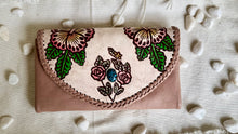Load image into Gallery viewer, Blush genuine leather wallet with hand painted hibiscus flowers, roses and turquoise detail