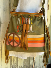 Load image into Gallery viewer, Hippie Soul Luxe leather fringe crossbody bag with embroidered front and peace sign detail by Dreamtime Boho