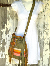 Load image into Gallery viewer, Hippie Soul Luxe leather fringe crossbody bag worn crossbody on model, boho embroidered leather design