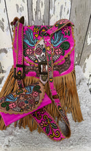 Load image into Gallery viewer, Hand painted hot pink bohemian genuine leather bag and wallet set with hand tooled floral and bird artwork.