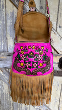 Load image into Gallery viewer, Front under flap artwork on Hot Pink Love Story genuine leather boho fringe bag featuring floral hand painted details.