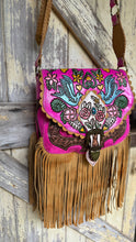 Load image into Gallery viewer, Hot Pink Love Story hand painted genuine leather bohemian handbag with long leather fringe.