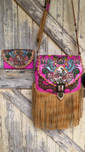 Load image into Gallery viewer, Hot Pink Love Story hand painted genuine leather boho bag and matching wallet set with fringe and western boho details.