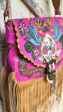 Load image into Gallery viewer, Close up of hand painted floral and bird artwork on Hot Pink Love Story genuine leather boho bag.