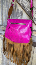 Load image into Gallery viewer, Rear zip pocket detail on Hot Pink Love Story western boho genuine leather fringe handbag.
