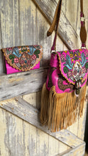 Load image into Gallery viewer, Hot Pink Love Story genuine leather fringe bag with matching wallet and hand painted shoulder strap.