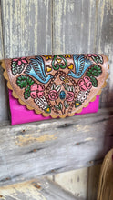 Load image into Gallery viewer, Matching Hot Pink Love Story hand painted genuine leather wallet with floral and bird artwork.