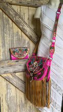 Load image into Gallery viewer, Hot pink western boho genuine leather fringe bag worn crossbody with matching wallet.