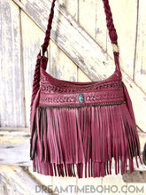 Load image into Gallery viewer, Hand Tooled Brooklyn Leather Boho Handbag with Feature Stone-Boho Handbags-Dreamtime Boho -Wine-Dreamtime Boho