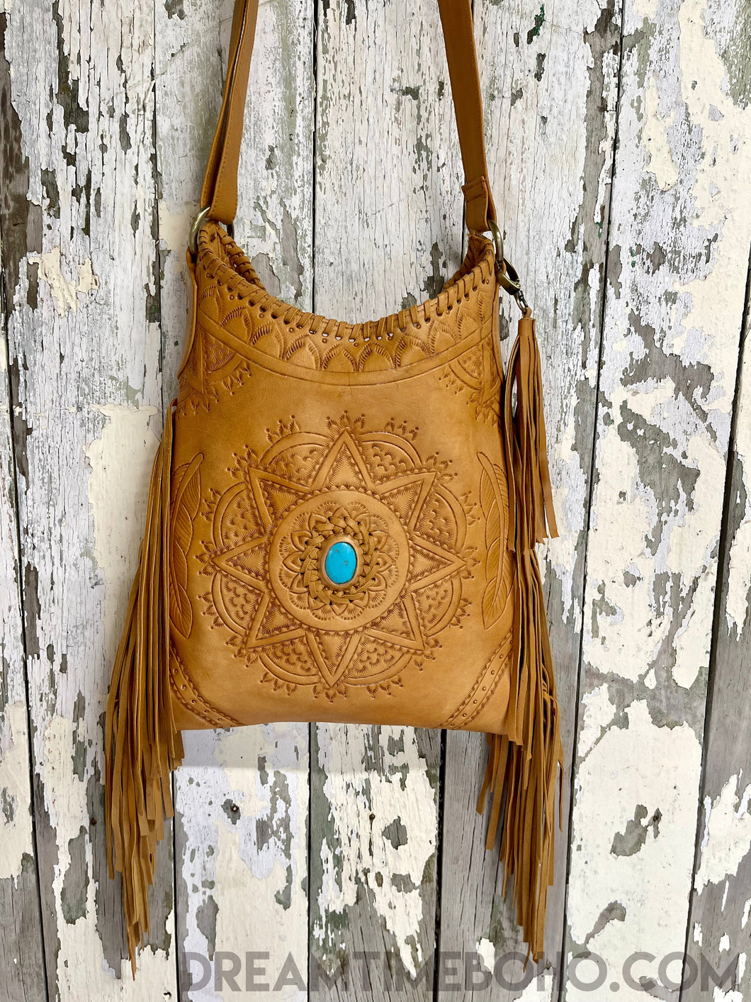 Mandala Feather Cross Body Leather Boho Bag-Apparel & Accessories-Dreamtime Boho -Tan-Dreamtime Boho