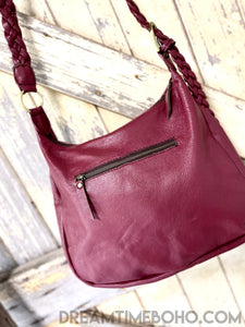 Hand Tooled Brooklyn Leather Boho Handbag with Feature Stone-Boho Handbags-Dreamtime Boho -Wine-Dreamtime Boho