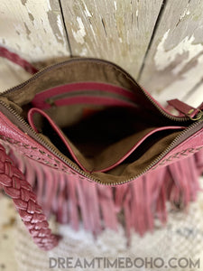 Hand Tooled Brooklyn Leather Boho Handbag with Feature Stone-Boho Handbags-Dreamtime Boho -Wine-Dreamtime Boho