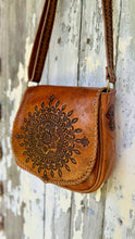Load image into Gallery viewer, Jarah handcrafted leather boho bag angled front view Dreamtime Boho