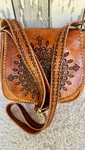 Load image into Gallery viewer, Hand-tooled strap detail on Jarah mandala leather bag